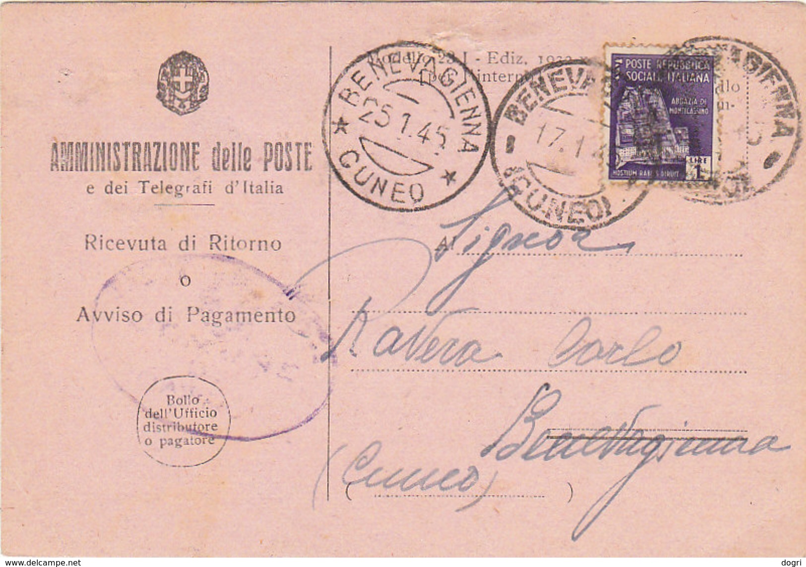 1945 Montecassino Sass. 509 Isolato Su Avviso Di Ricevimento - Storia Postale