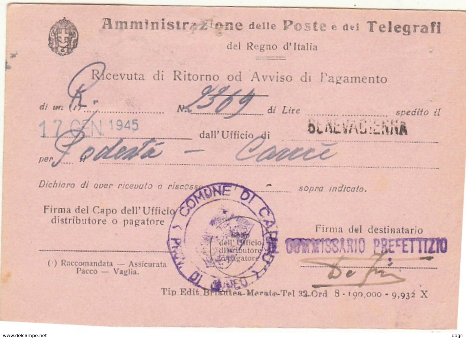 1945 Montecassino Sass. 509 Isolato Su Avviso Di Ricevimento - Storia Postale