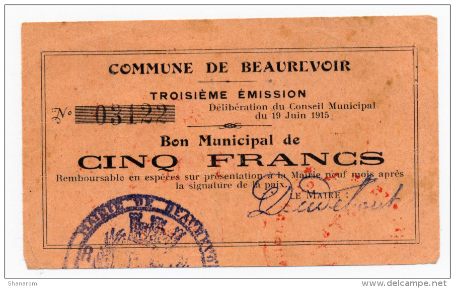 1914 - 1918 // BEAUREVOIR // Bon De 5 Francs - Bons & Nécessité