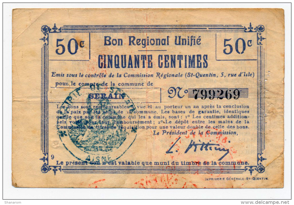 1914 - 1918 // SERAIN // Bon Régional Unifié // 50 Cts - Bons & Nécessité