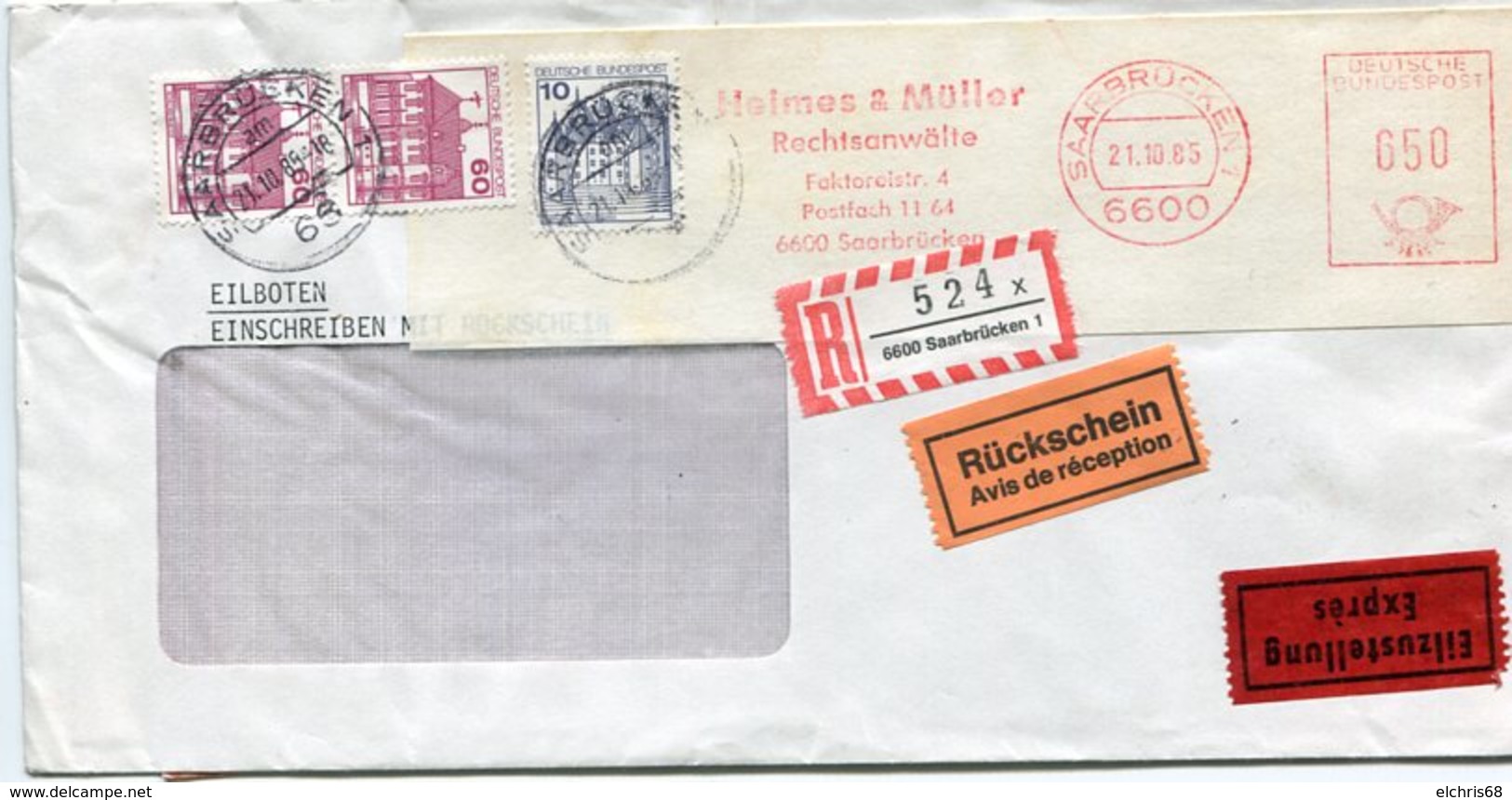 VR 236 Sarre Saar Lettre Exprès, Recommandé Avec Avis De Réception  Aff Mécanique + Timbres Saarbrucken 21.10.85 - Covers & Documents