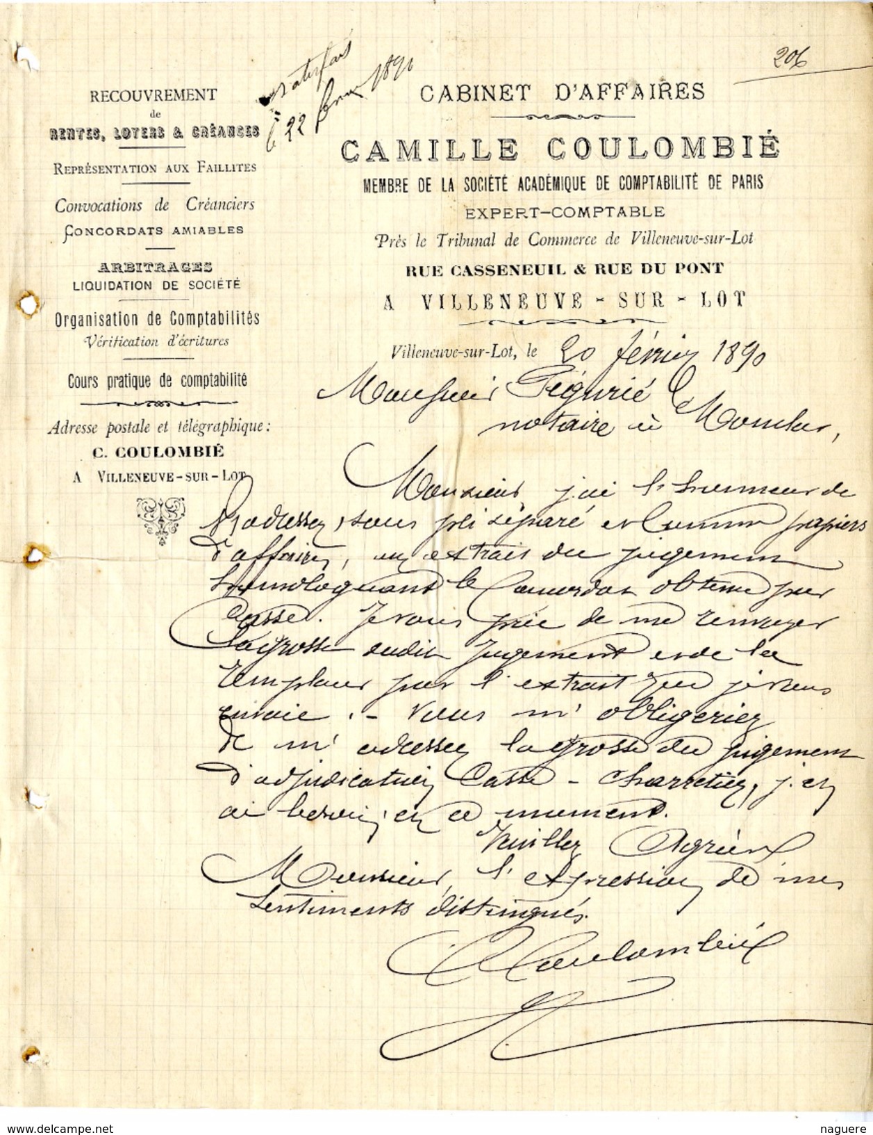 47  VILLENEUVE SUR LOT  CABINET D AFFAIRES  CAMILLE COULOMBIER   -   LETTRE COMMERCIALE  1890 - Banque & Assurance