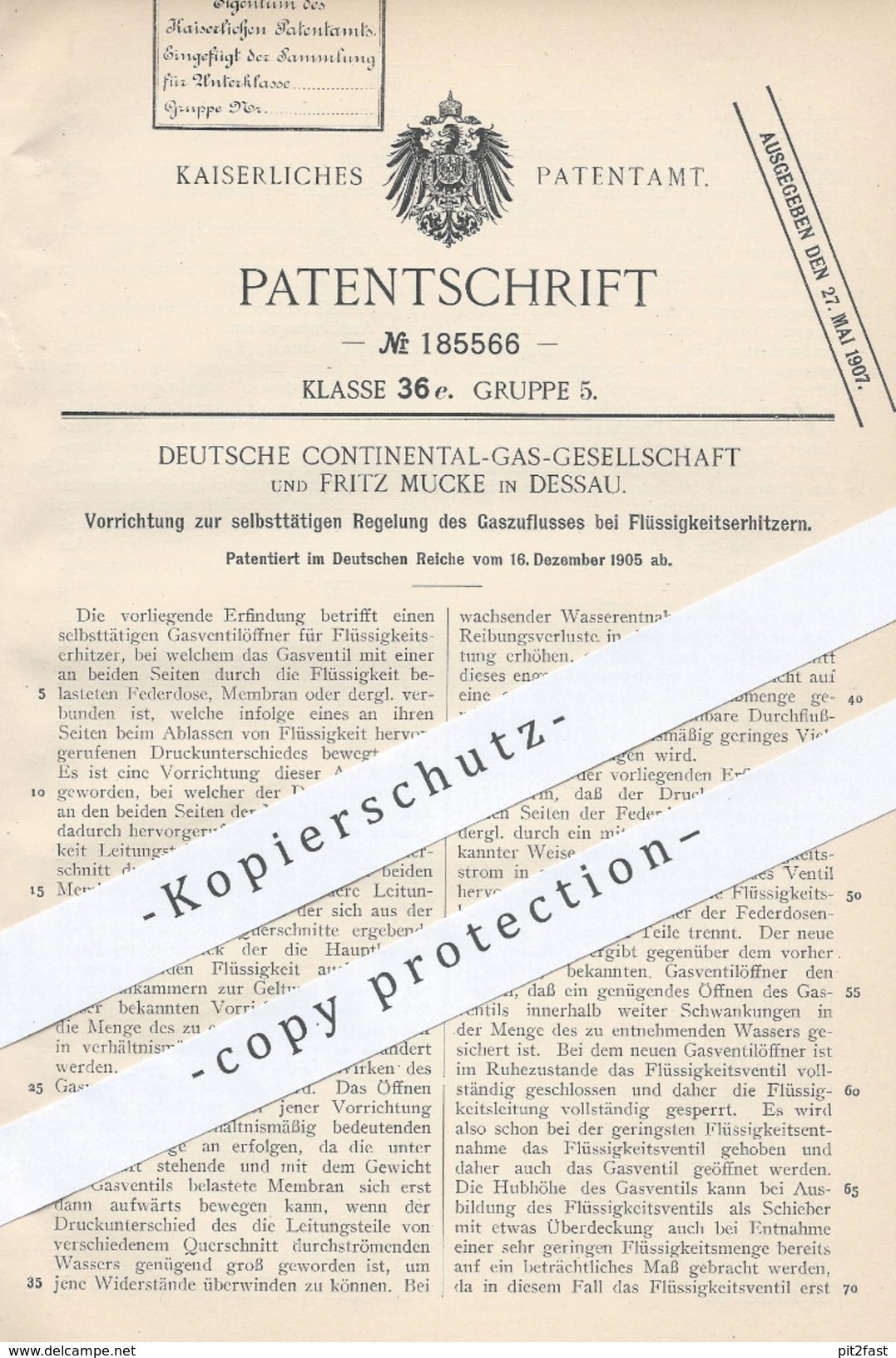 Original Patent - Deutsche Continental Gas Gesellschaft U. Fritz Mucke , Dessau , 1905 , Gaszufluss Am Brenner | Ventil - Historische Dokumente