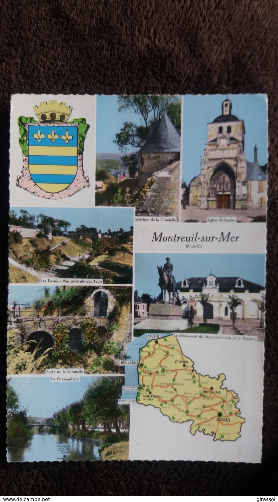 CPSM MONTREUIL SUR MER  DEPARTEMENT DU PAS DE CALAIS  CONTOUR GEOGRAPHIQUE  ED CIM BLASON CARTE FOND JAUNE - Carte Geografiche