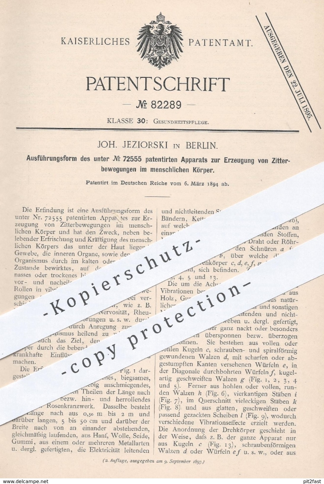 Original Patent - Joh. Jeziorski , Berlin , 1894 , Erzeugung Von Zitterbewegungen Im Menschl. Körper | Arzt , Medizin !! - Historische Dokumente