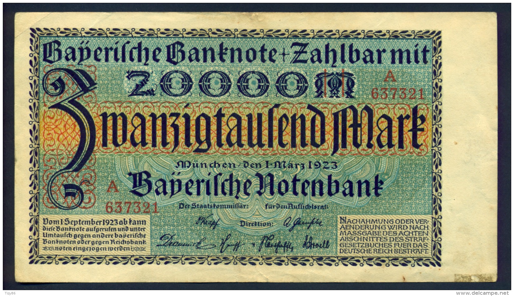Banconota Germania 20000 Mark Monaco 1923 - Zu Identifizieren