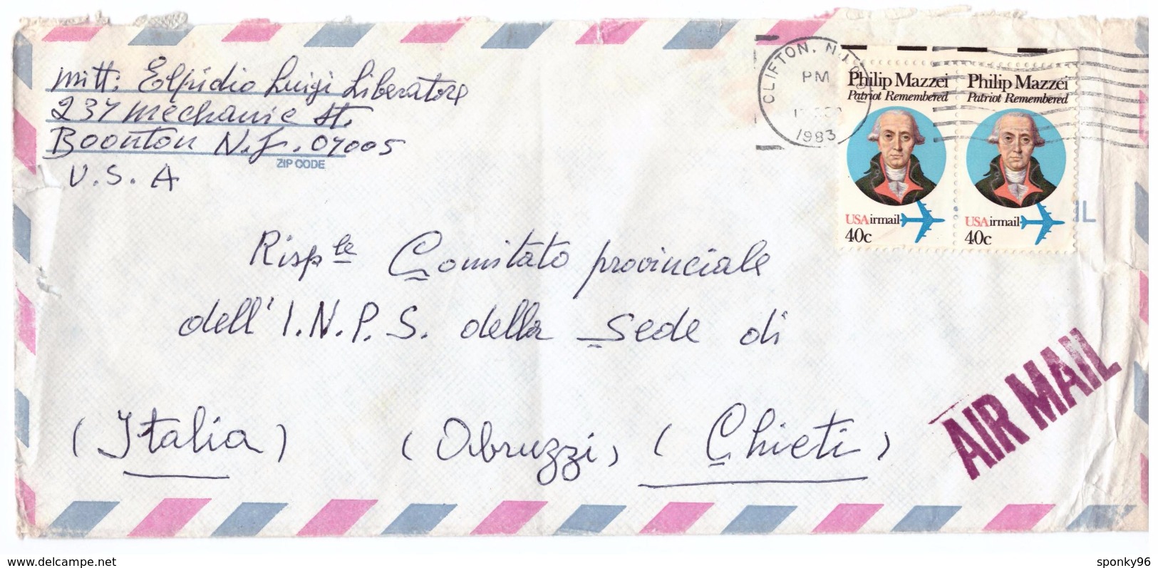 STORIA POSTALE - USA AIR MAIL - ANNO 1983 - CLIFTON - INPS - CHIETI - ITALIA - PHILIP MAZZEI - DA LUIGI LIBERATORE - - Altri - America