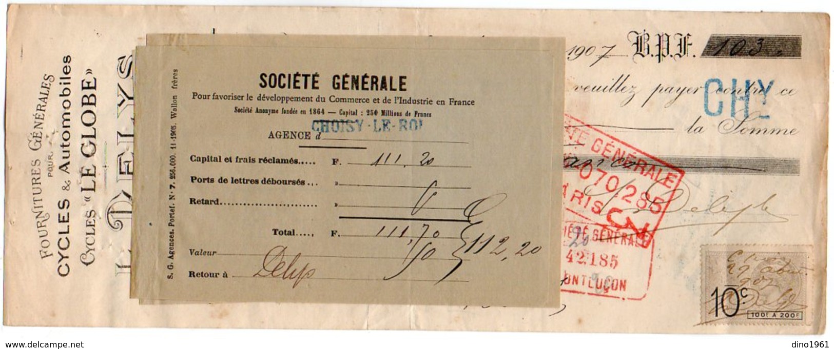 VP7955 - Lettre De Change - Fournitures Pour Cycles & Automobiles Cycles ¨ LE GLOBE ¨ L.DELYS à CHOISY LE ROI - Wissels