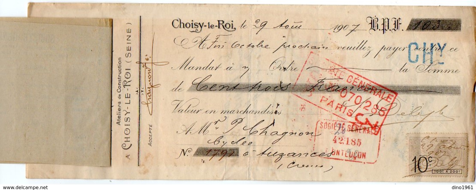 VP7955 - Lettre De Change - Fournitures Pour Cycles & Automobiles Cycles ¨ LE GLOBE ¨ L.DELYS à CHOISY LE ROI - Wissels