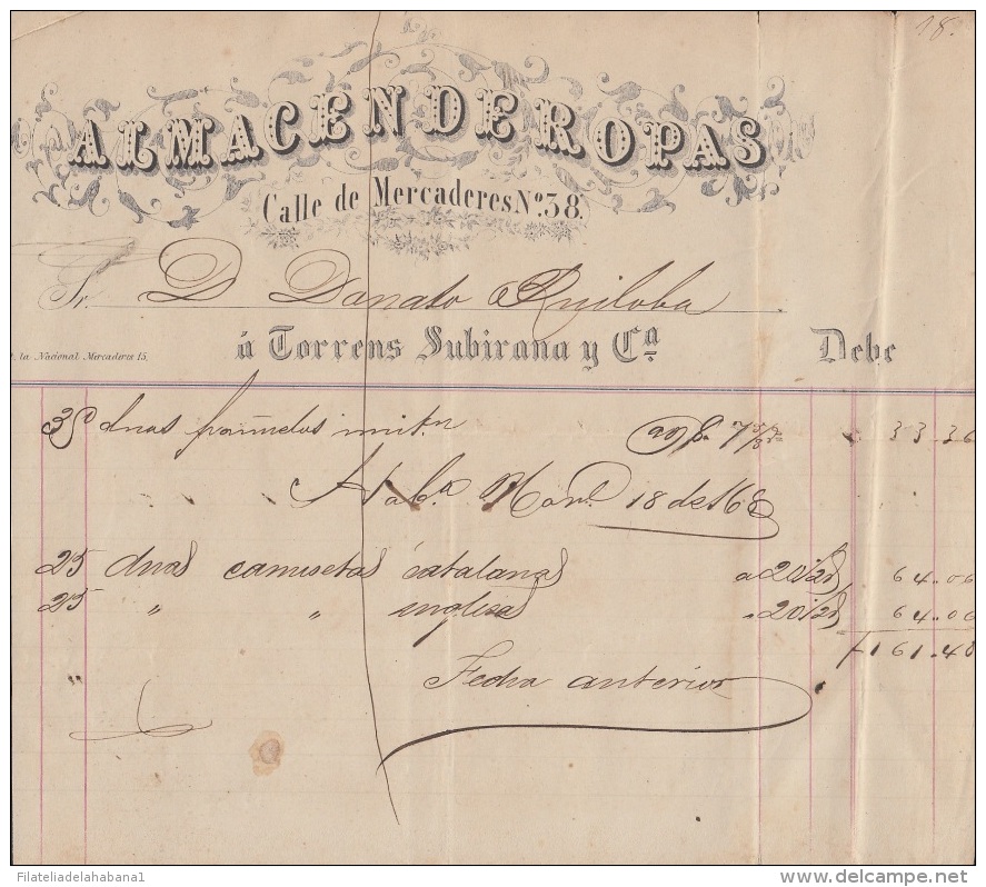 E5196 SPAIN ESPAÑA CUBA 1868 ALMACEN DE ROPAS TORRENS SUBIRANA. COSTUMES STORE. - Documentos Históricos