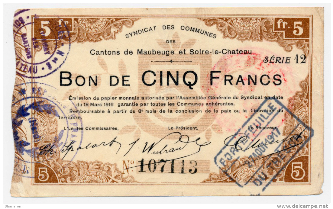 1914 - 1918 // MAUBEUGE &amp; SOLRE-LE-CHATEAU // 27 Août 1917 // Bon De 5 Francs - Bons & Nécessité