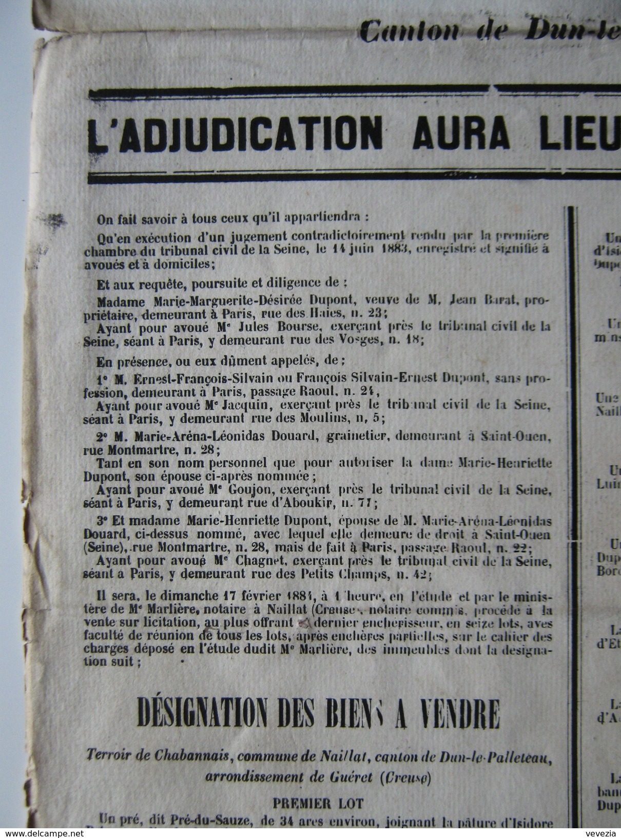 1884,RARE GRANDE AFFICHE NAILLAT,"VENTE MAISON ET TERRES",CREUSE,23,CHABANNAIS,BORD,DUPONT,NAVARRE,JEANROT,BETOUX,DOUARD - Documentos Históricos