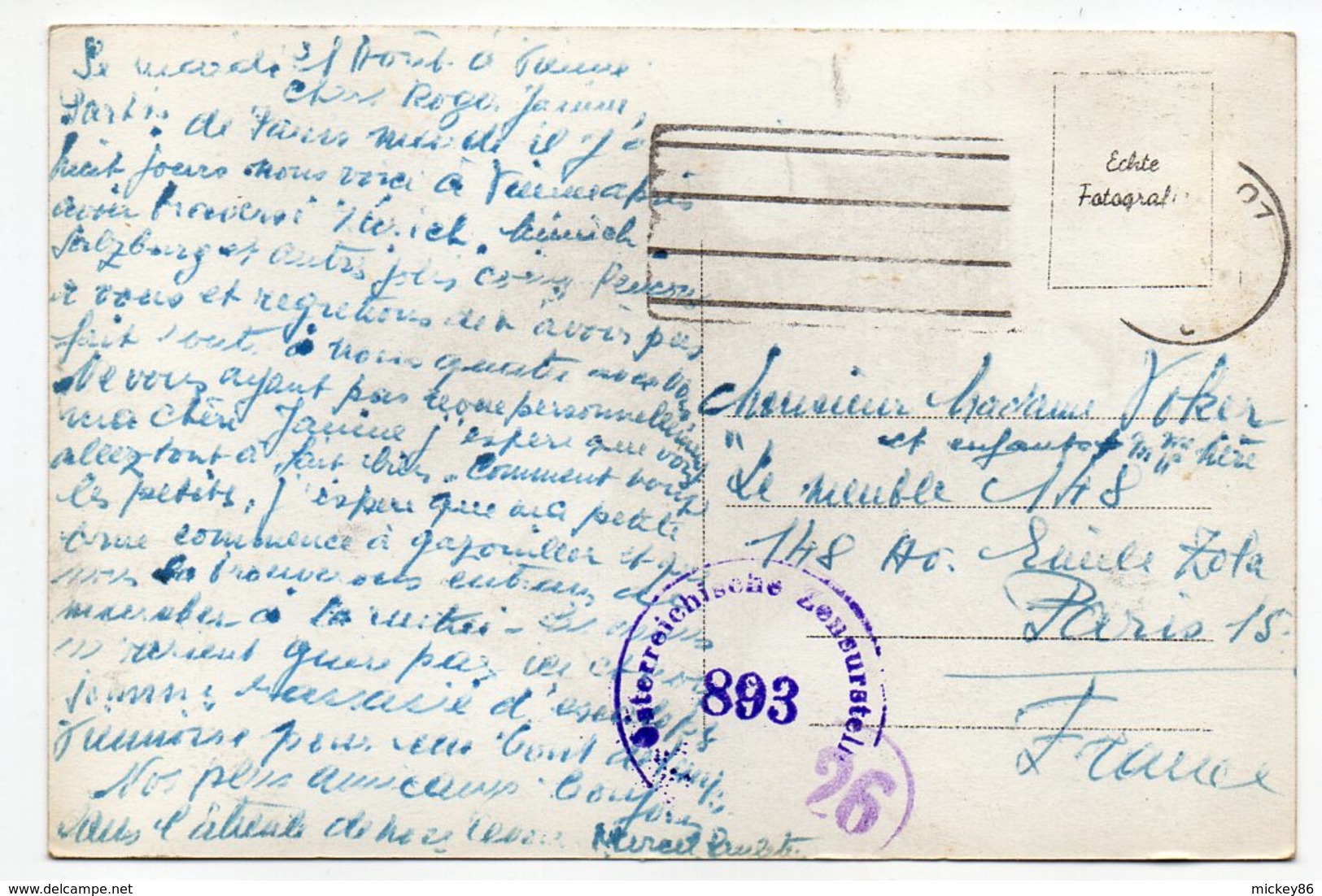 Militaria--Cachet  Censure  893  --- 26  (Marcophilie) Sur Carte Postale De Salzbourg (Autriche) Pour PARIS (France) - Militaria