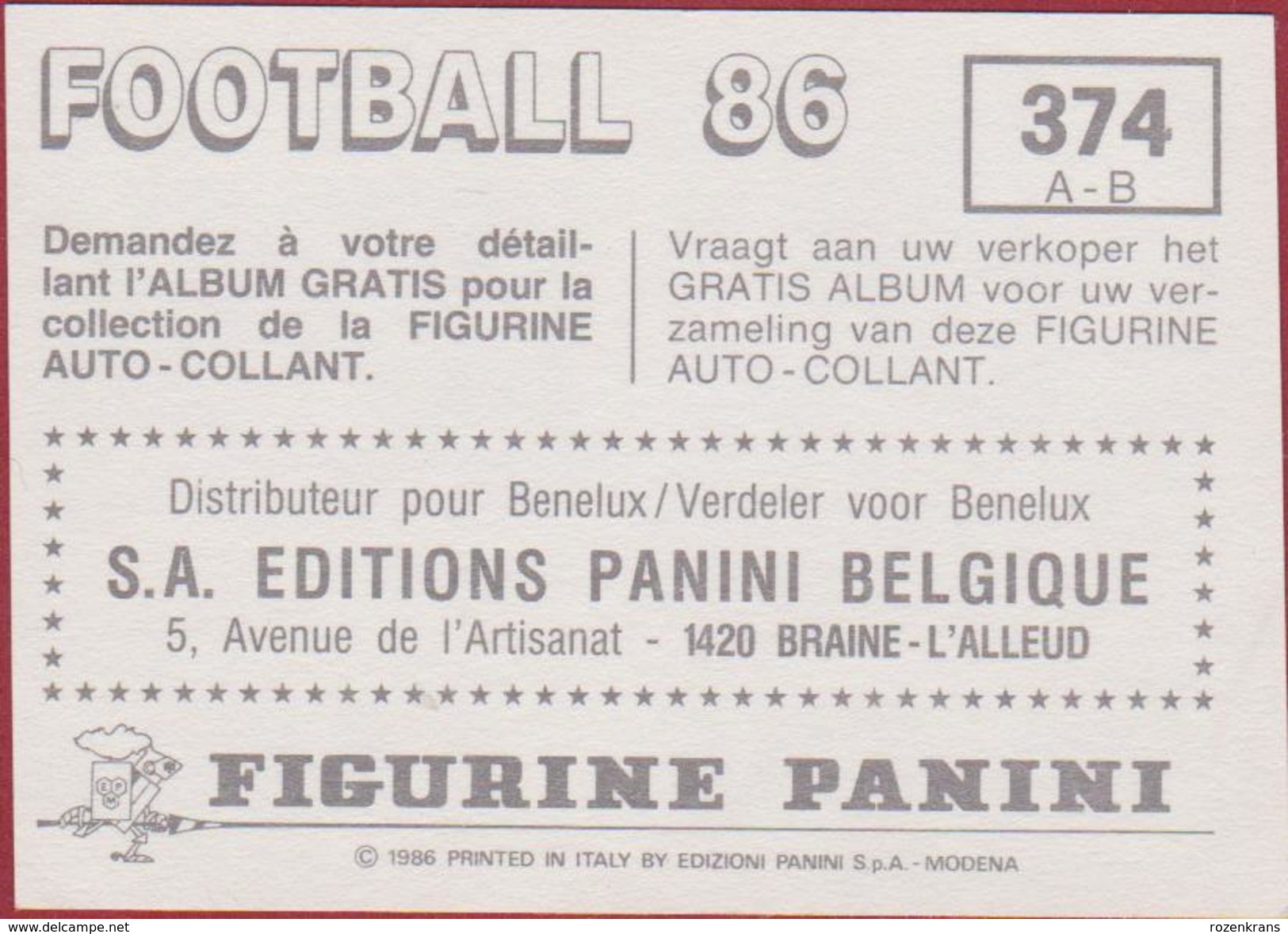 Panini Football Belgie Belgique 86 Voetbal 1986 Sticker Koninklijke Berchem Sport KBS Nr. 374  Ignace Suply Roger Leirs - Sports