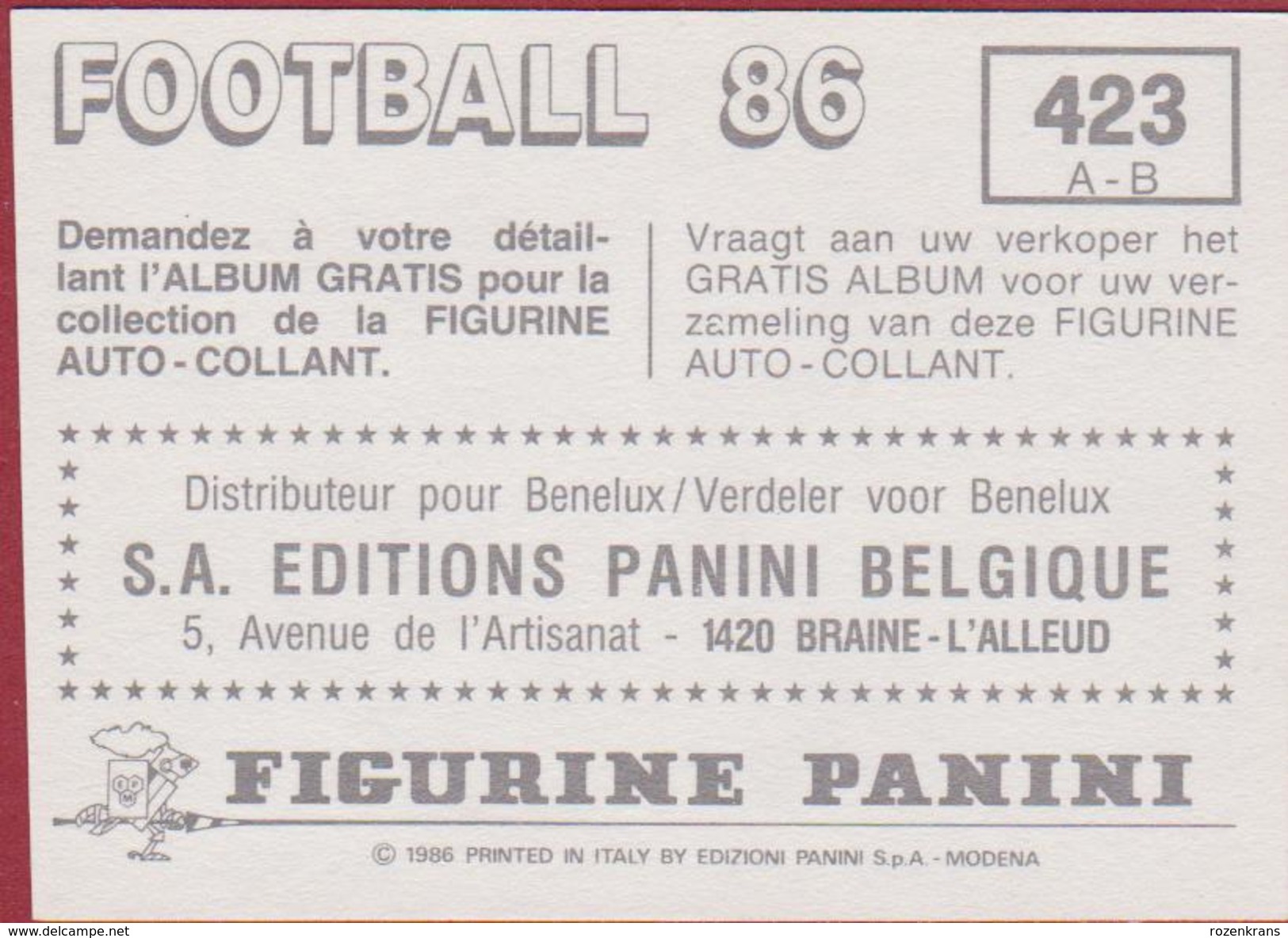 Panini Football Belgie Belgique 86 Voetbal 1986 Sticker Racing Mechelen Nr. 423 Nic Verboven Luc Doms - Sports