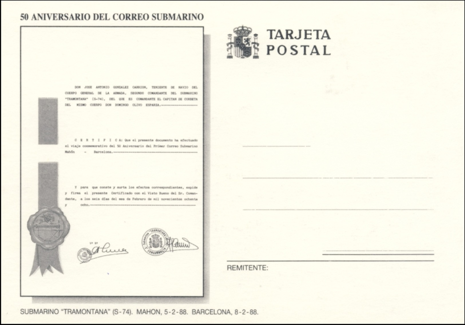 1988 Mahon. Tarjeta Maxima - Maxim Card - Correo Submarino - Submarine - Narciso Monturiol. - U-Boote