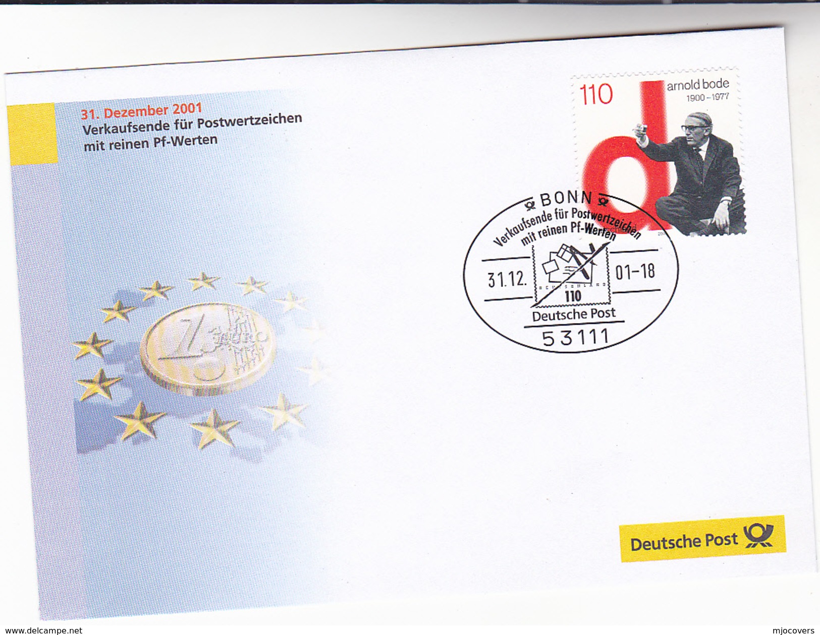 2001 EURO Currency GERMANY SPECIAL COVER Arnold Bolde Stamps Verkaufsende Fur Postwertzeichen Mit Reinen PF Werten Coin - European Ideas