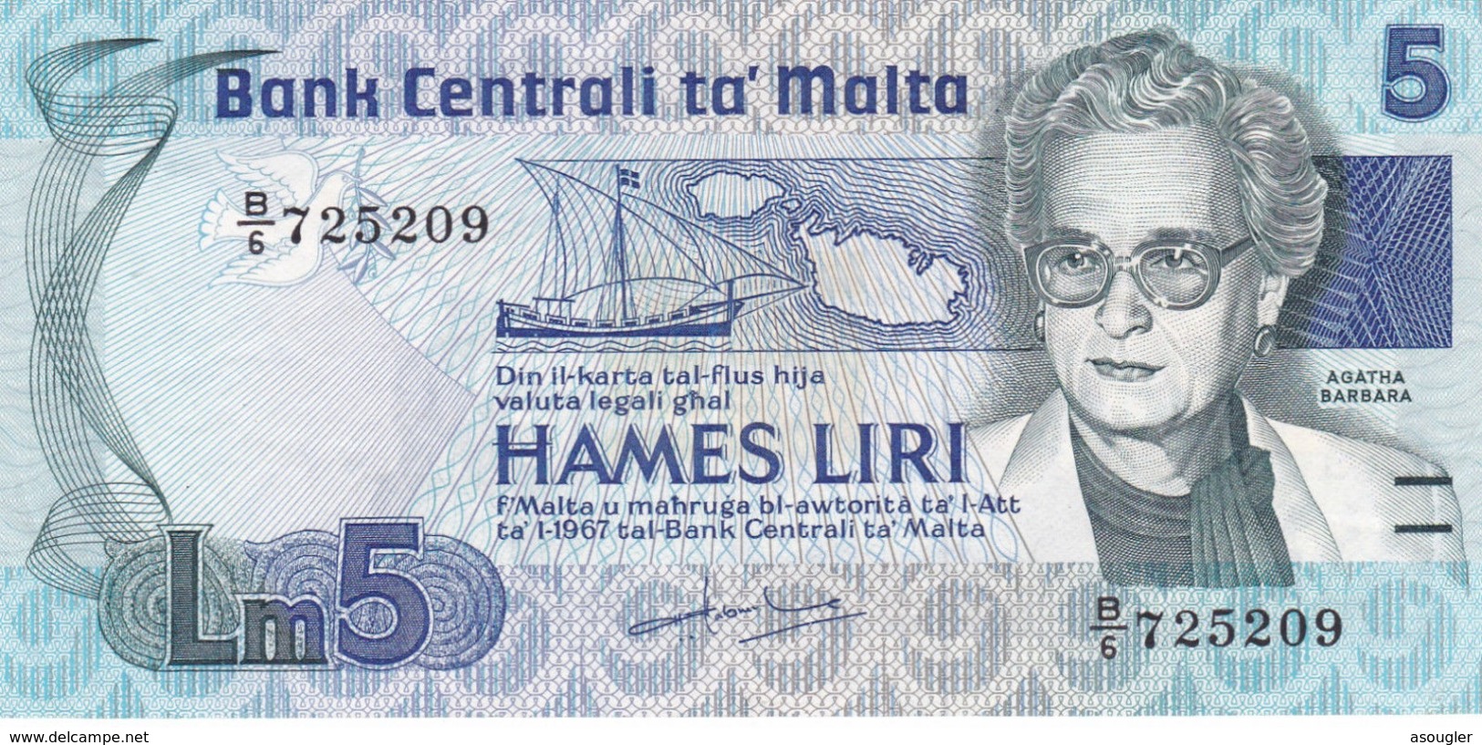 MALTA 5 LIRI LIRA 1967 (1986) P-38 EXF-AU - Malta