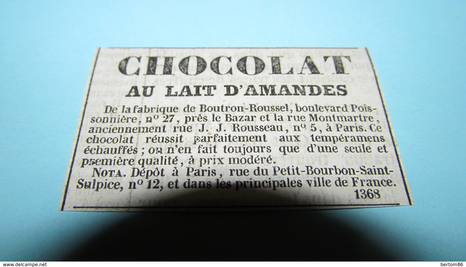 CHOCOLAT AU LAIT D'AMANDES BOUTRON ROUSSEL - ANNONCE PUBLICITAIRE DE 1836 ( JOURNAL Des DEBATS.) - Publicités