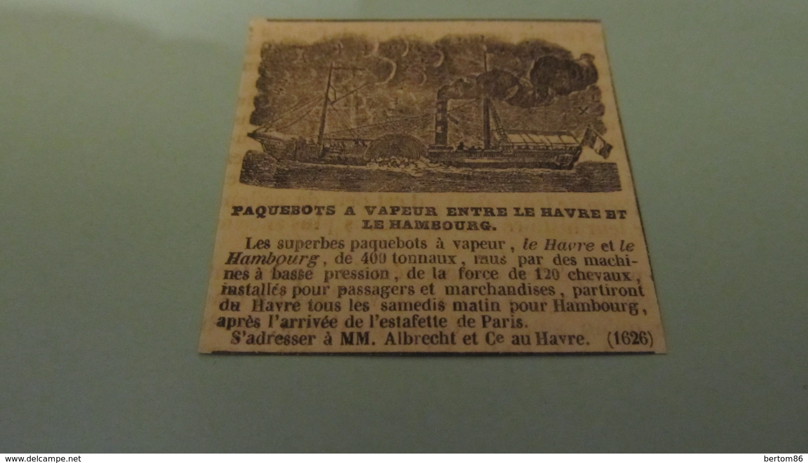 PAQUEBOTS A VAPEUR ENTRE LE HAVRE ET HAMBOURG - ANNONCE PUBLICITAIRE DE 1836 ( J. Des DEBATS) N°3 - Publicités