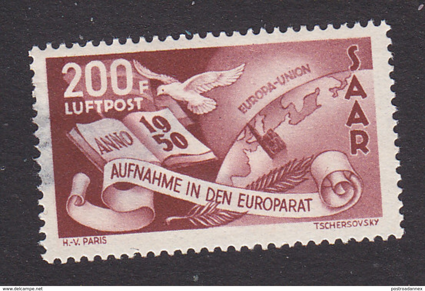 Saar, Scott #C12, Mint Hinged, Symbols Of Council Of Europe, Issued 1950 - Poste Aérienne