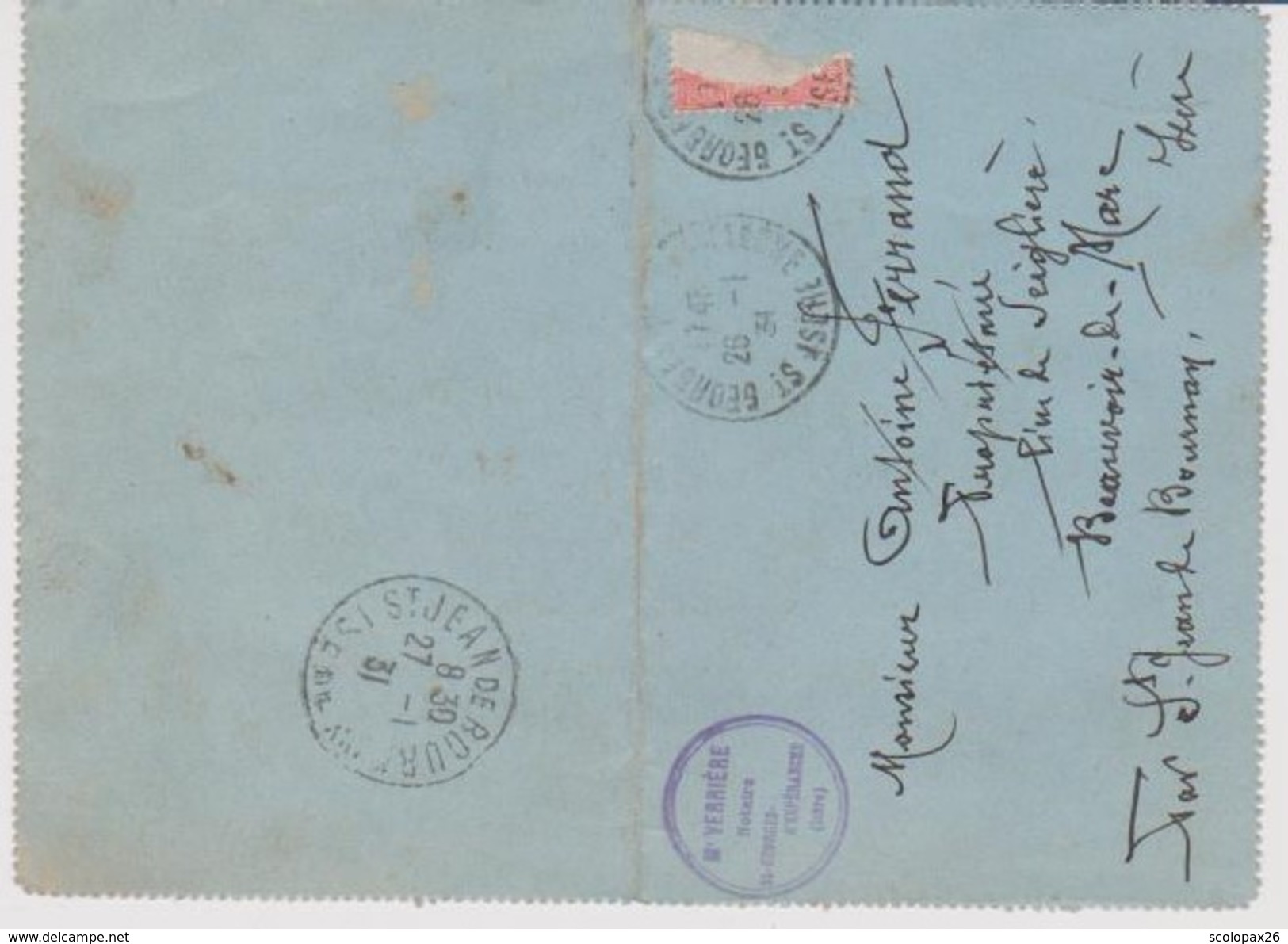 Courrier Notaire Verrière Saint Georges D'Espéranche Pour Beauvoir De Marc Saint Jean De Bournay (Isère) 1931 - Cachets Généralité