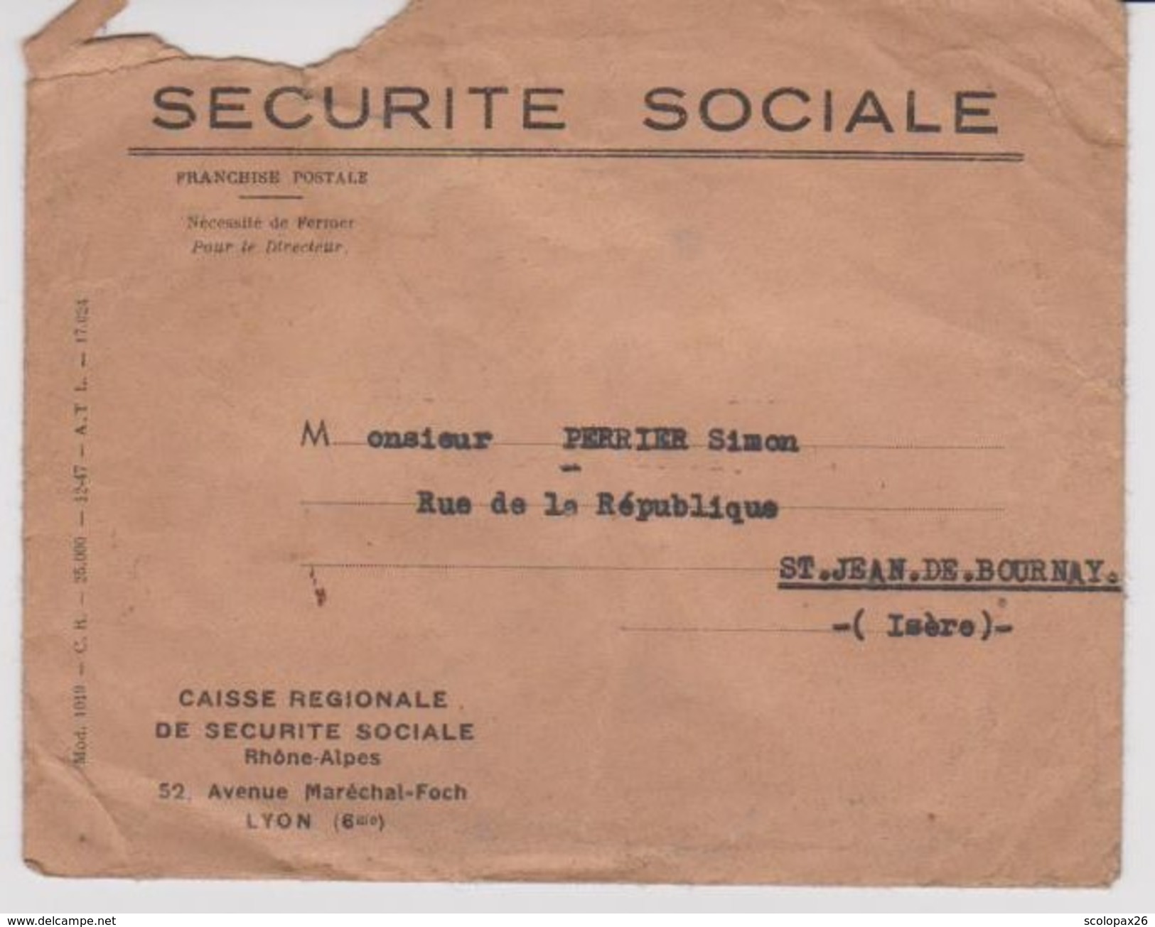 Enveloppe Sécurité Sociale Lyon (Rhône) Pour Saint Jean De Bournay (Isère) - Cachets Généralité
