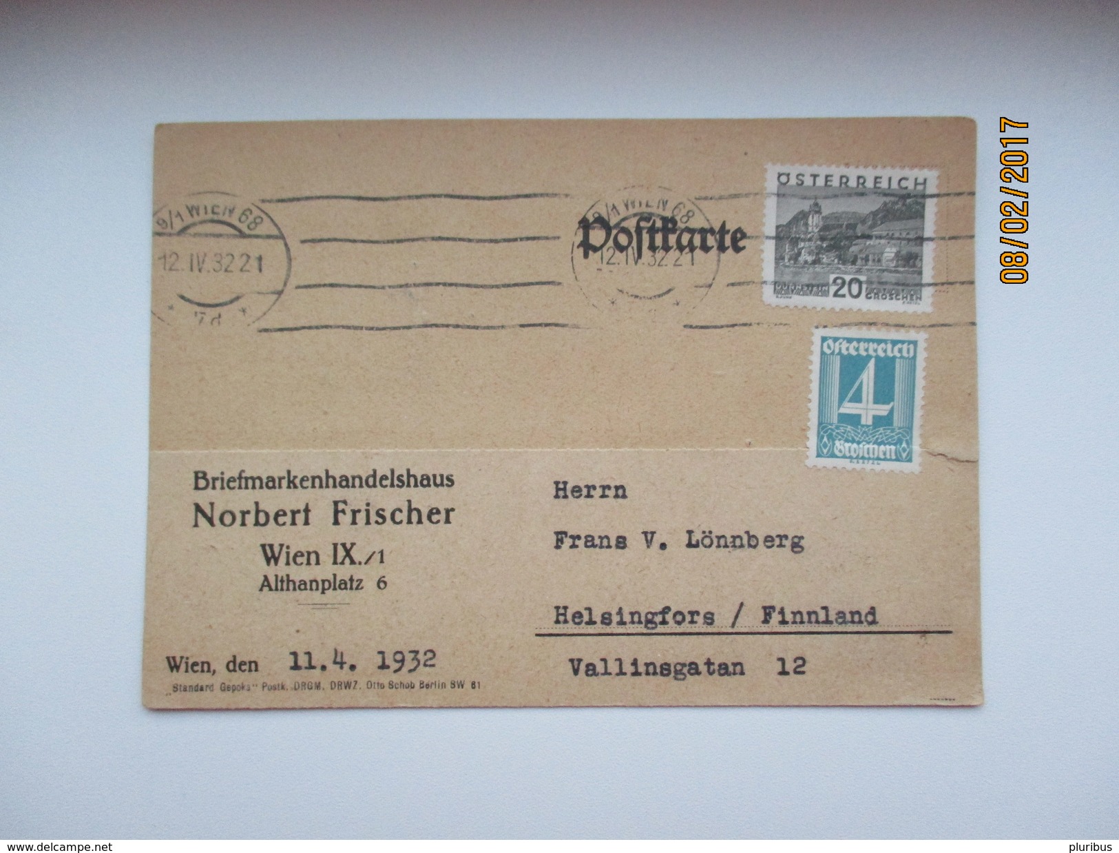 1932 AUSTRIA WIEN BRIEFMARKENHANDELSHAUS NORBERT FRISCHER TO FINLAND    , OLD POSTCARD , 0 - Other & Unclassified