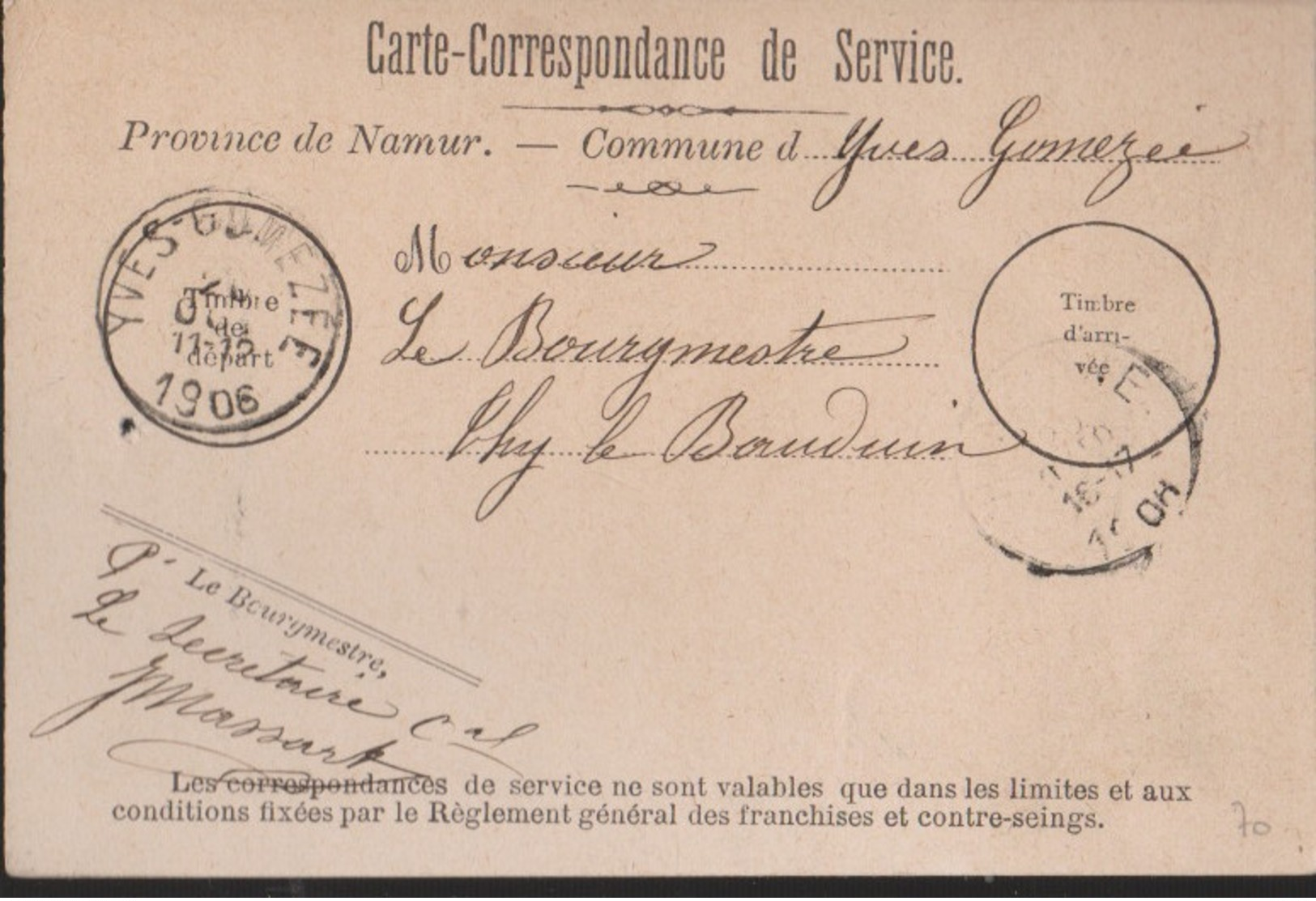 CARTE CORRESPONDANCE DE SERVICE  YVES-GOMEZEE  HANDTEK. BURGEMEESTER - Europe