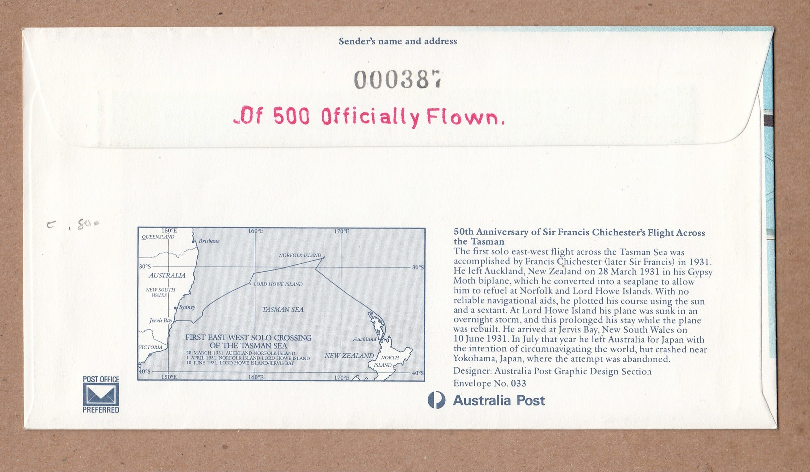 Australia  Flight Cover 1981 50th Anniversary Of Chichester Flight In A Gypsy Moth - Numbered - Erst- U. Sonderflugbriefe