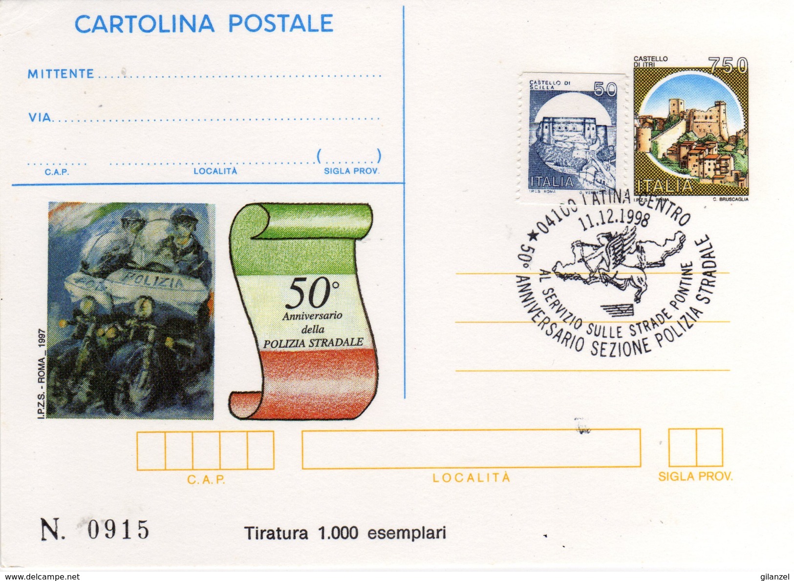 Italia 1998 Cartolina Postale IPZS Latina 50° Anniversario Polizia Stradale Con Annullo 11/12 - Interi Postali