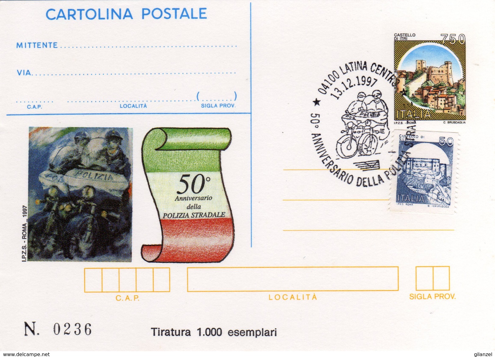 Italia 1997 Cartolina Postale IPZS Latina 50° Anniversario Polizia Stradale Con Annullo 13/12 - Interi Postali