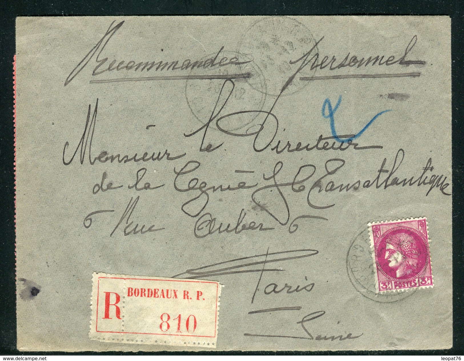 France -  Enveloppe En Recommandé De Bordeaux Pour Paris En 1940 , Aff. Cérès Seul  Ref F203 - 1921-1960: Modern Period