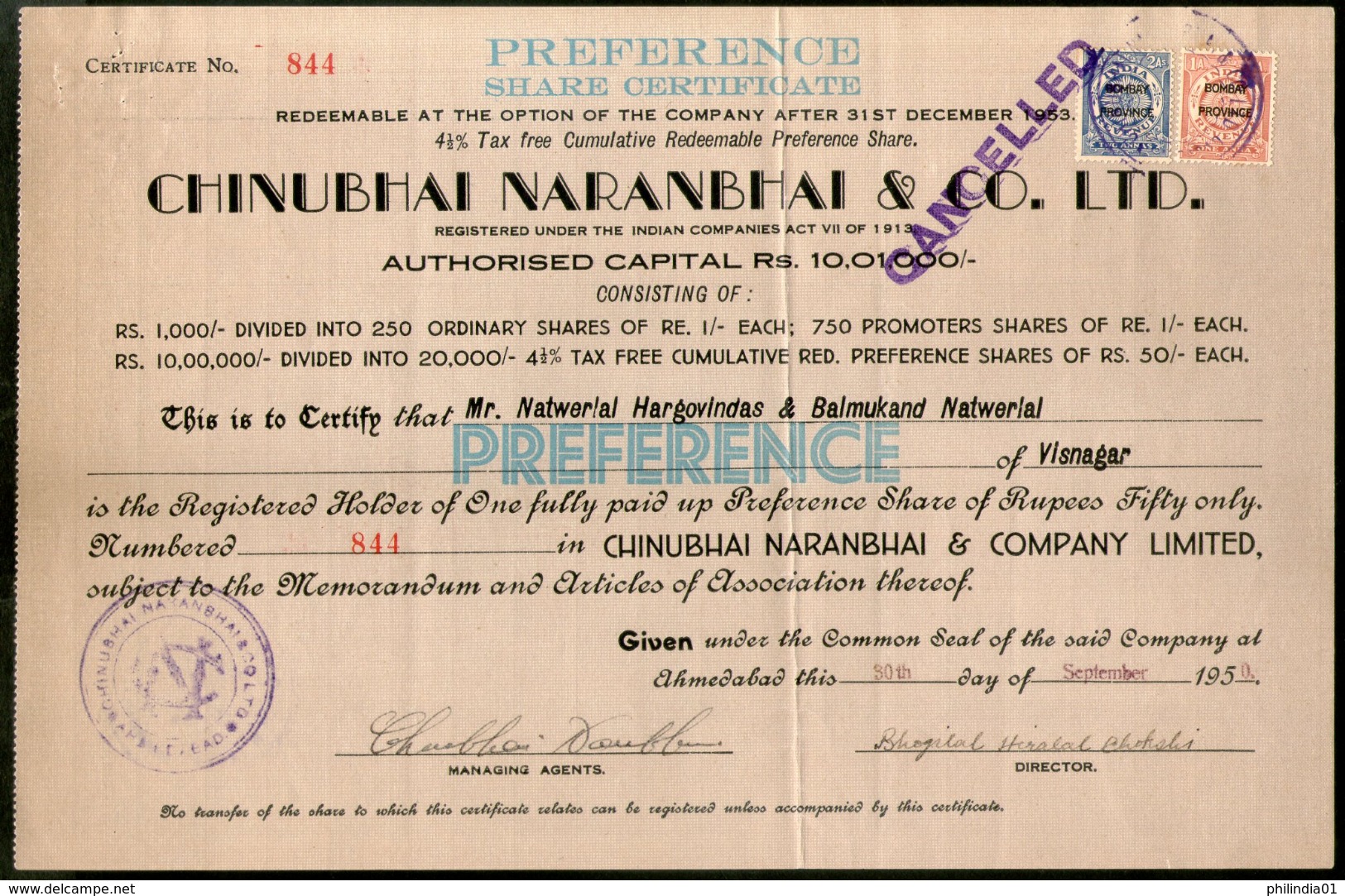 India 1950's Chinubhai Naranbhai & Co. Share Certificate With Revenue Stamp - Industrie