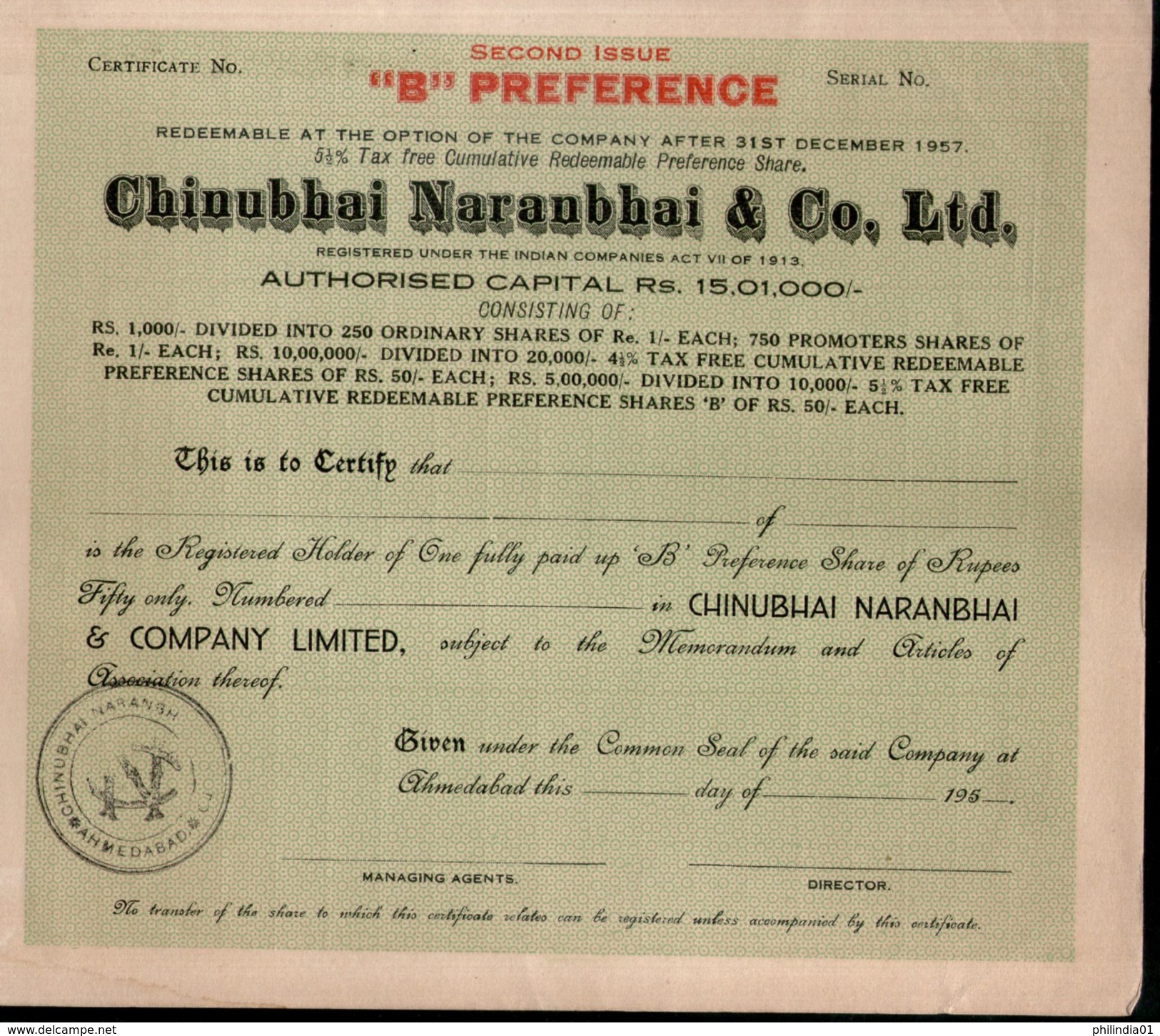 India 1950's Chinubhai Naranbhai & Co. Preferance Share Certificate 2nd Issue - Industry