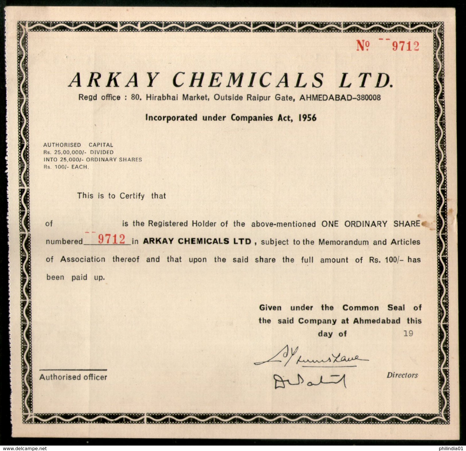 India Arkay Chemicals Limited Share Certificate # FA-10 - Industry