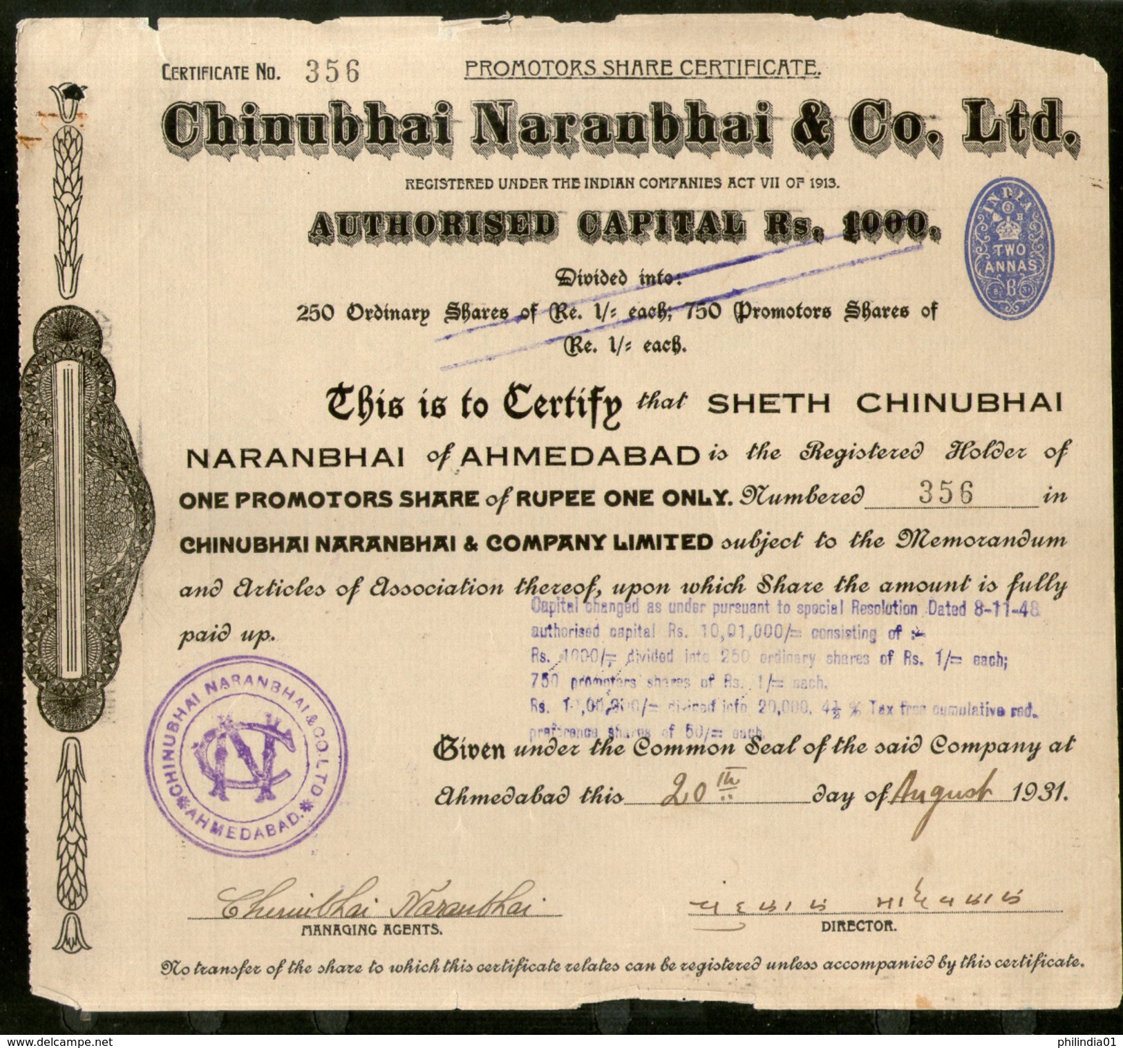 India 1930's Chinubhai Naranbhai & Co. Share Certificate With Revenue Stamp # FA-28 - Industry