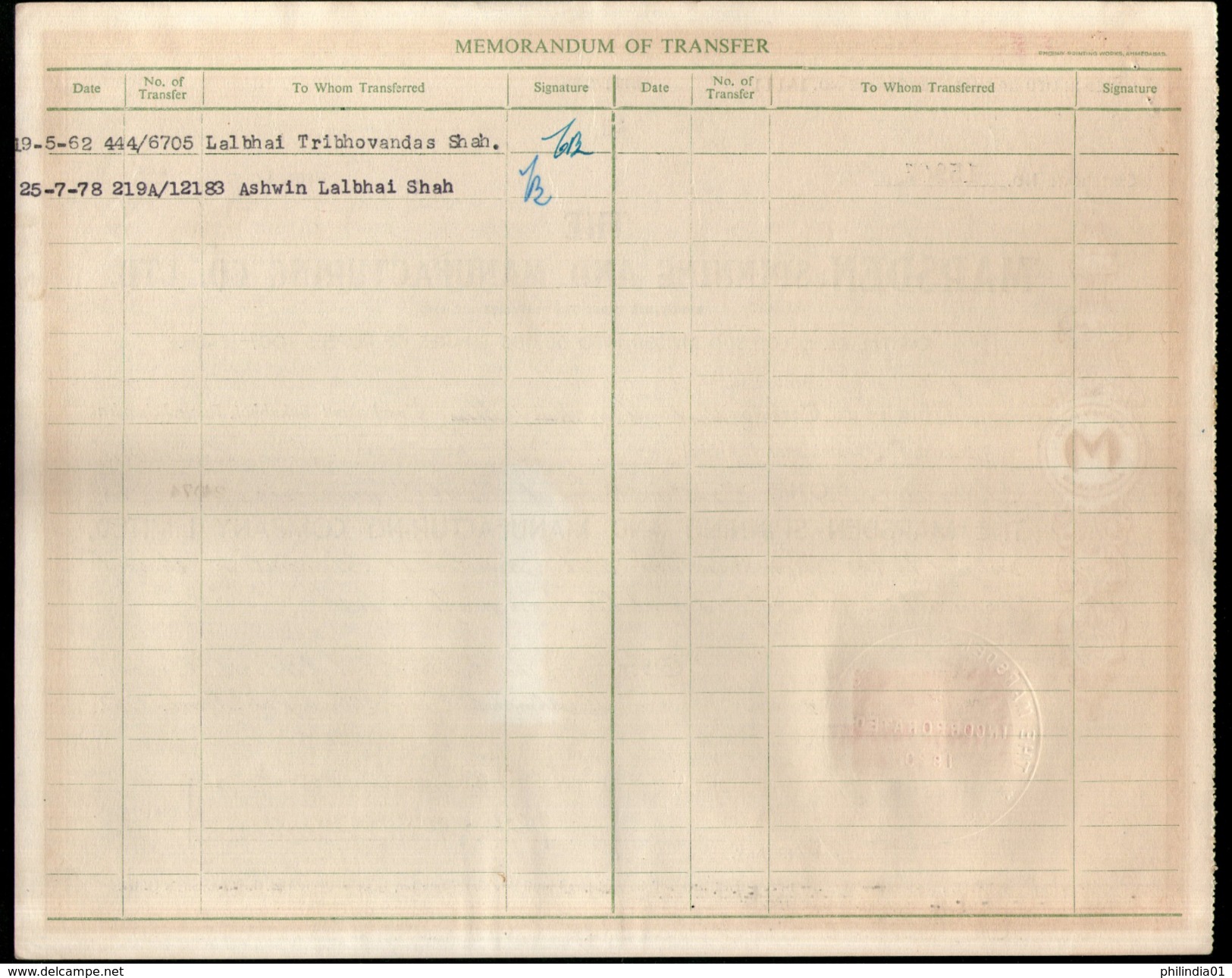 India 1960's Marsden Spinning & Mfg. Ltd Share Certificate Revenue Stamp # FA-30 - Industrie