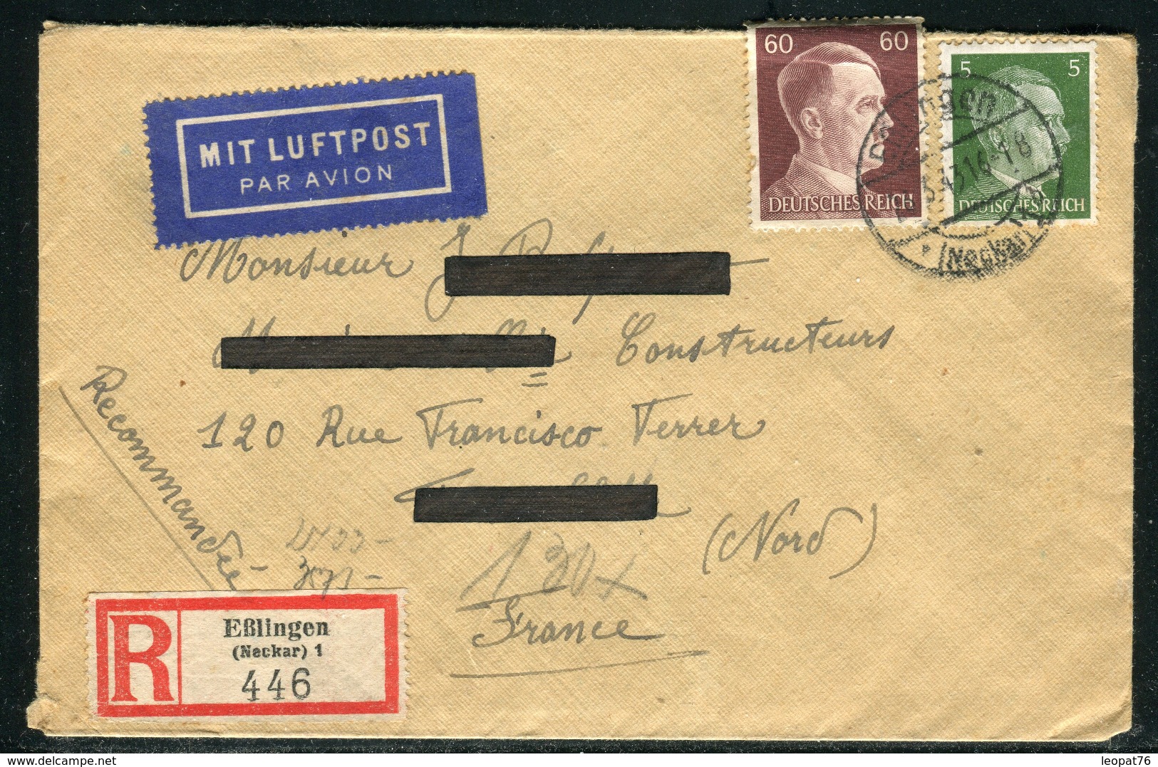 Allemagne - Cover / Enveloppe En Recommandé De Esslingen Pour La France En 1943 , Contrôle Postal   Ref F224 - Briefe U. Dokumente