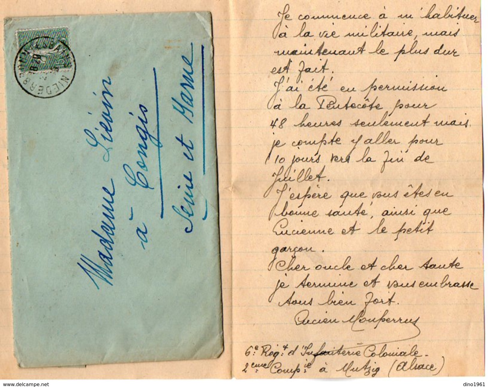 VP7965 - Enveloppe & Lettre De Mr L.MONPERRUS Au 6 ème Rgt D'Infanterie Coloniale à MUTZIG ( Alsace ) - Documents