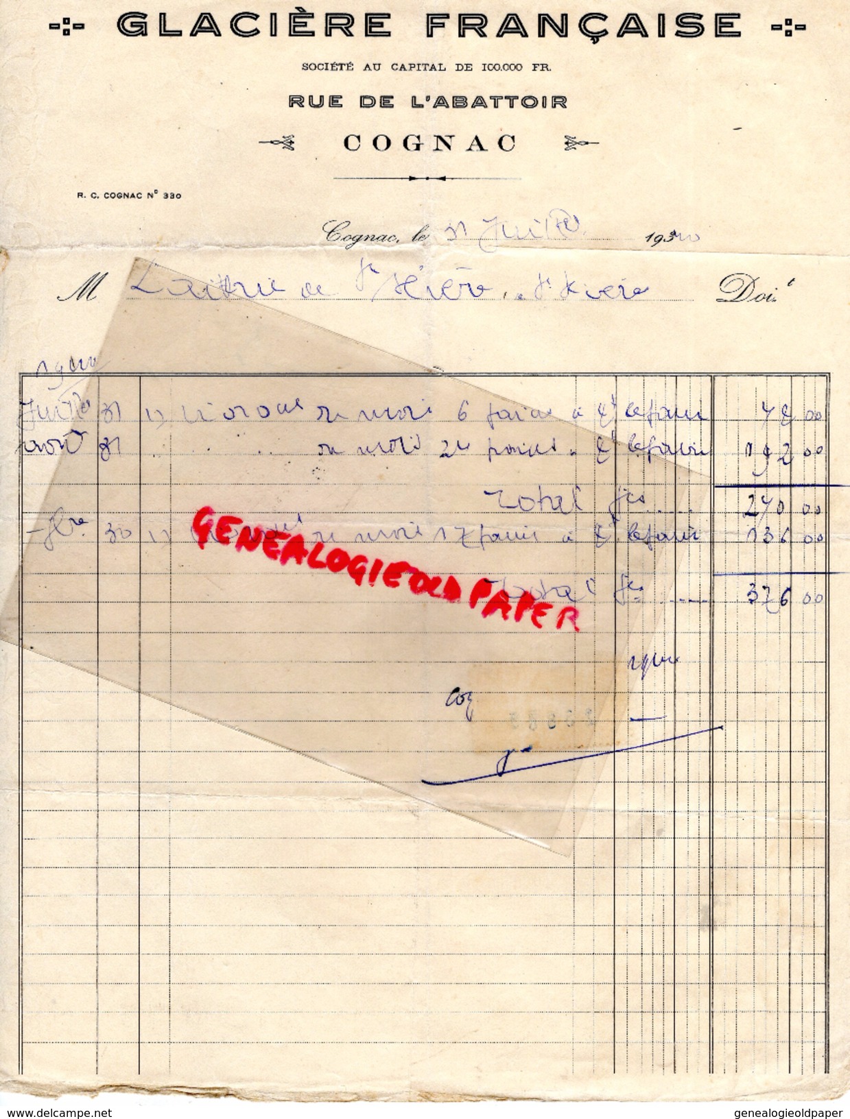 16 - COGNAC - FACTURE GLACIERE FRANCAISE- RUE DE L' ABATTOIR -1931 - 1900 – 1949