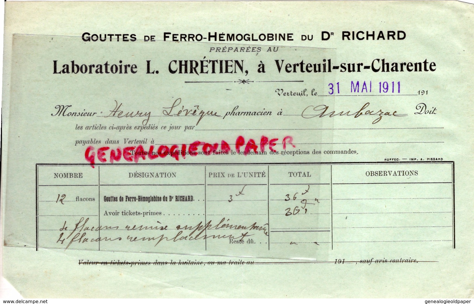 16 - VERTEUIL - FACTURE LABORATOIRE L. CHRETIEN- GOUTTES FERRO-HEMOGLOBINE DU DR. RICHARD-1911 - Druck & Papierwaren