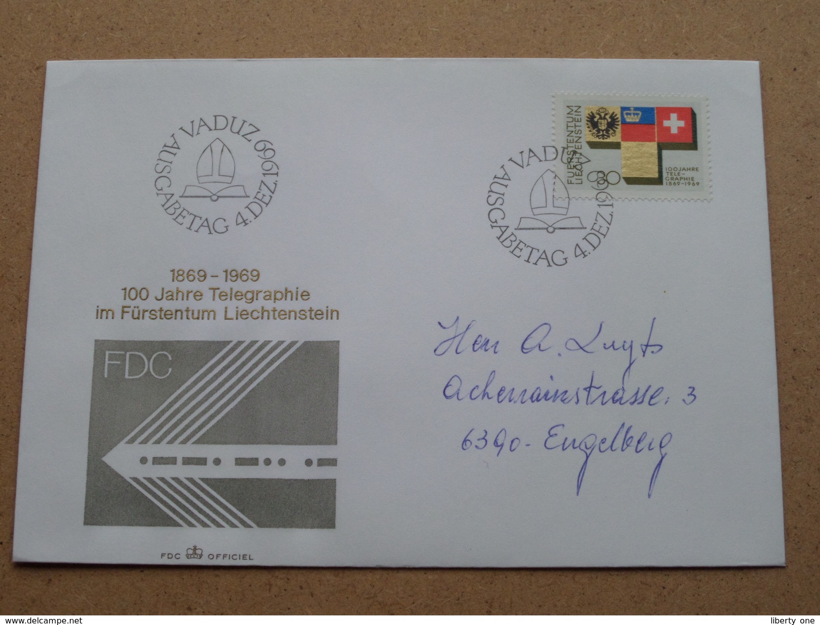 1868-1969 100 Jahre Telegraphie Im Fürstemtum Liechtenstein ( 4 Dez 1969 VADUZ ) (omslag / Enveloppe - Zie Foto's) - FDC