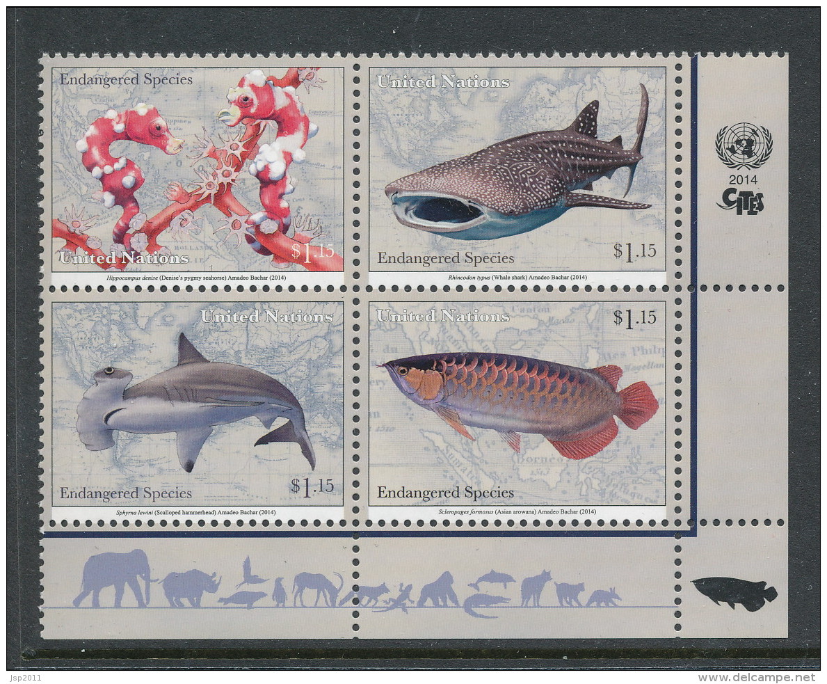 UN New York 2014. Cat # 1097-1100. Endangered Species Block Of 4. MNH (**) - Neufs