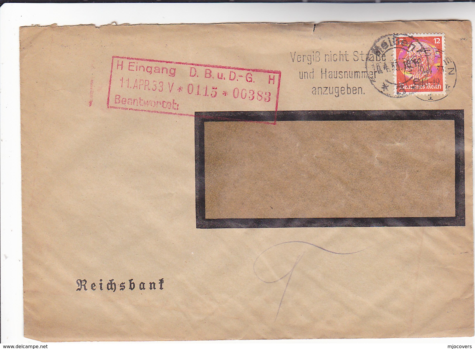 1934 GERMANY Stamps COVER WEISSEN  SLOGAN Pmk DON'T FORGET TO SPECIFY  HOUSE NUMBER - Covers & Documents