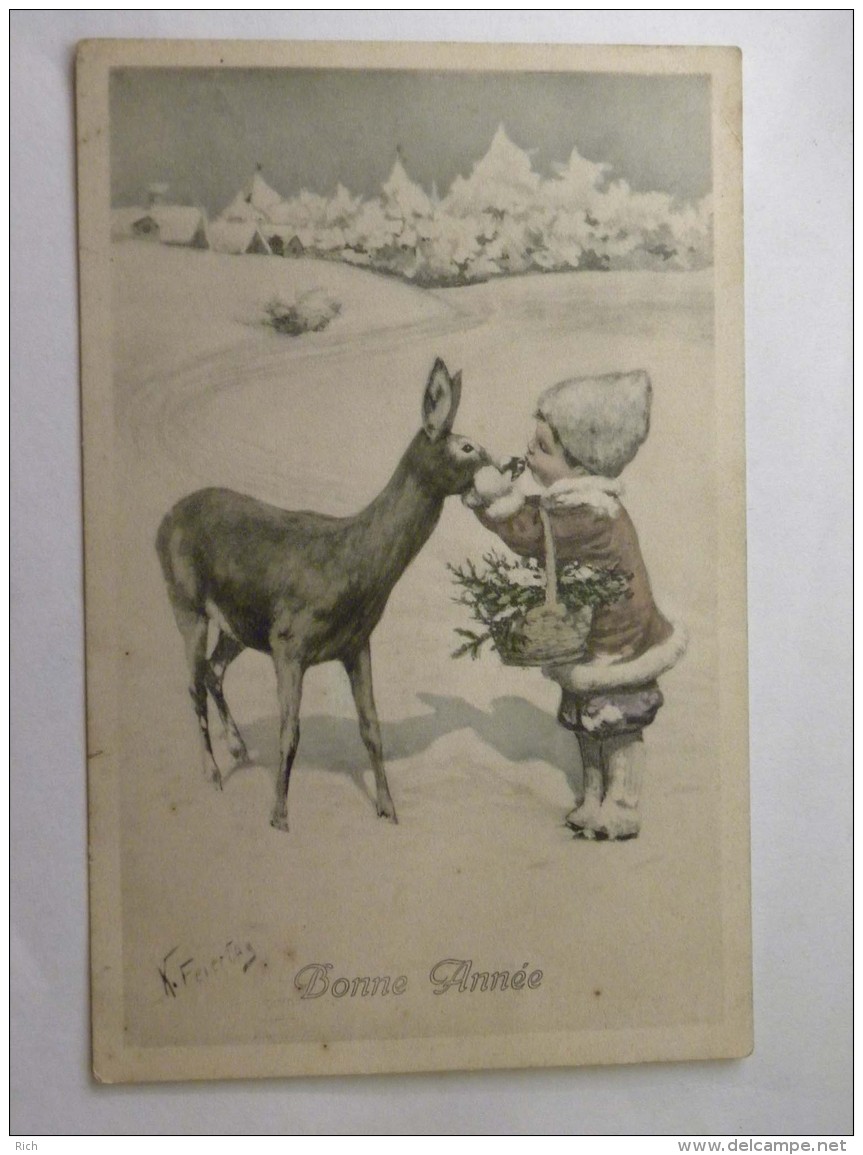 CPA Illustrateur Karl FEIERTAG - Enfant Dans La Neige Avec Un Faon - Bonne Année - Feiertag, Karl
