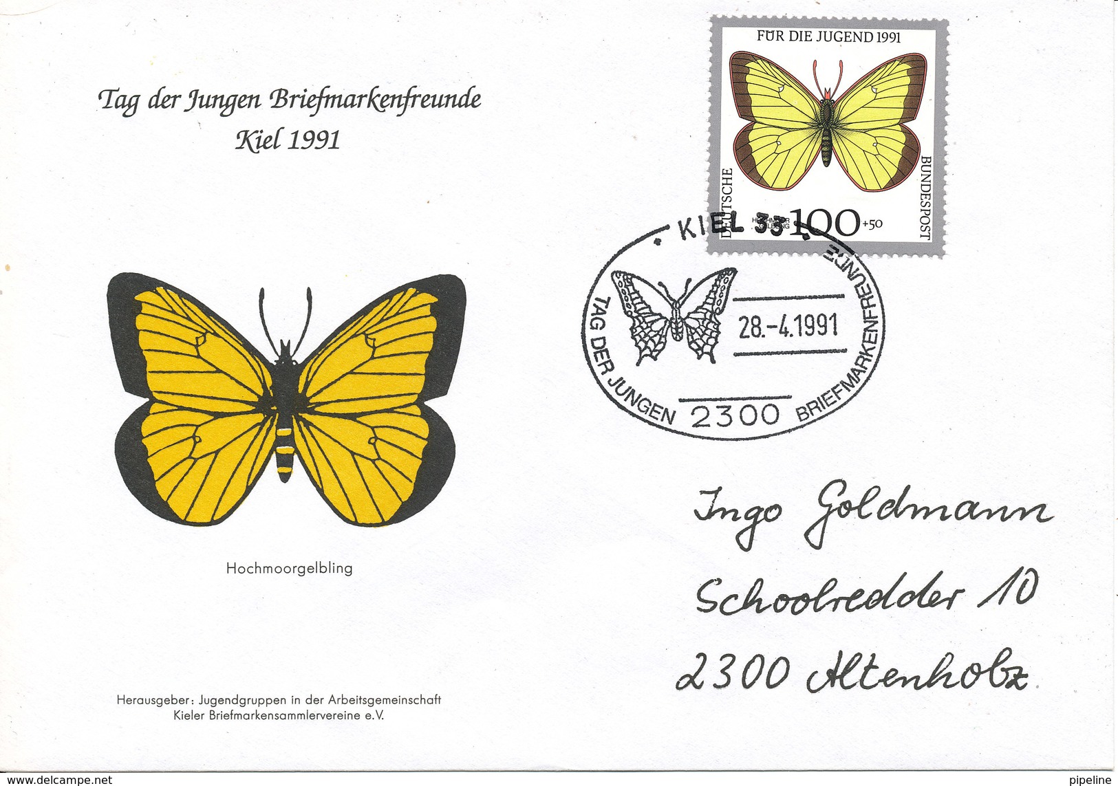 Germany Cover With Butterfly Stamp,  Postmark And Cachet Kiel 28-4-1991 - Papillons