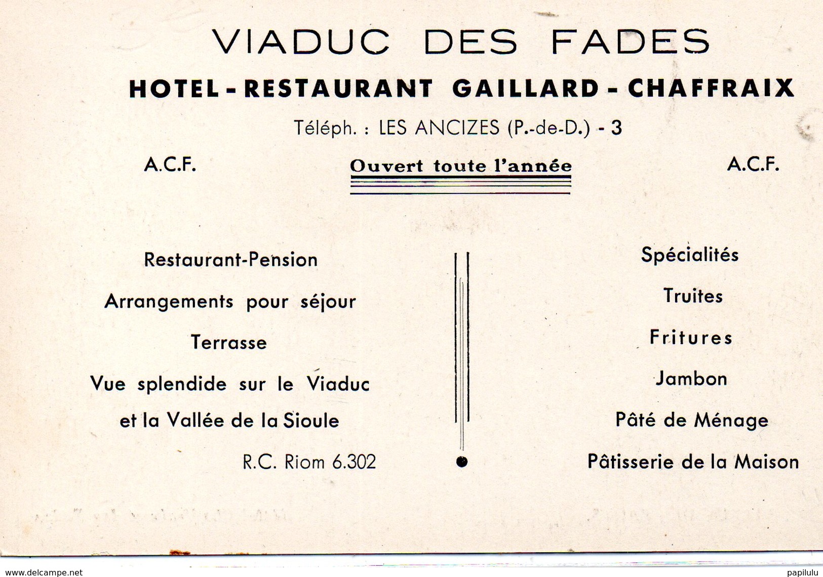 DEPT 63 :  2 Scans Carte Menu De L Hotel Gaillard-Chaffraix , Viaduc Des Fades ( Tel.  Les Ancizes 3 ) - Autres & Non Classés