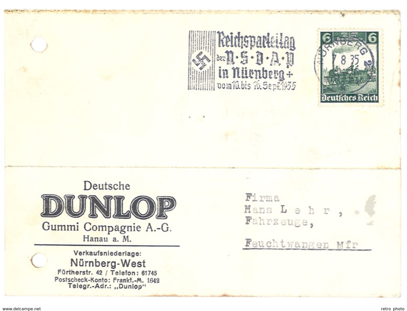 Carte Commerciale Allemande Deutsche DUNLOP Gummi Compagnie A.-G., Nürnberg / Cachet Croix Gammée - Publicité