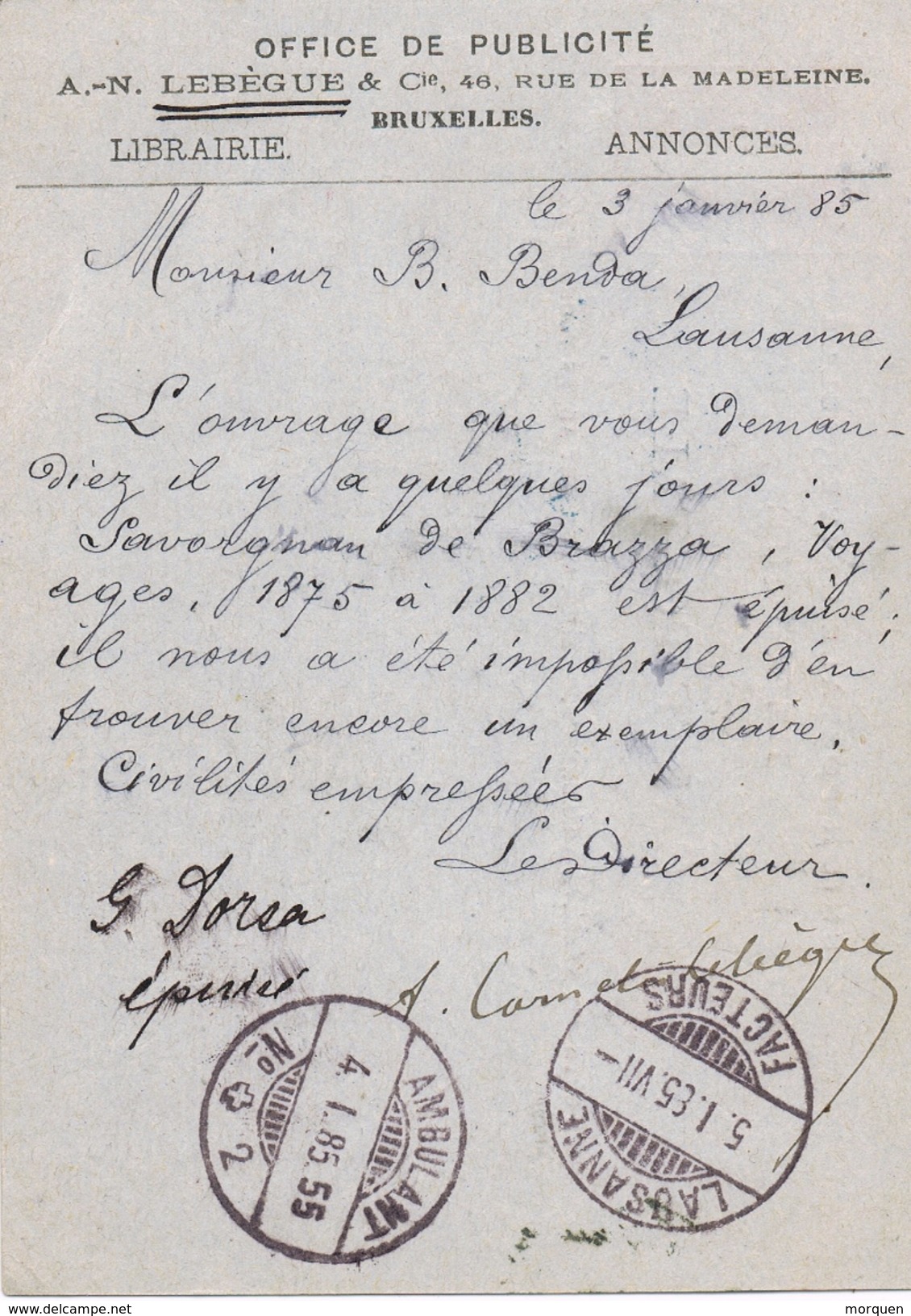 23191. Entero Postal  Privado BRUXELLES (Belgien) 1885. Circulado A Suiza Atraves De Francia - Internationale Antwortscheine